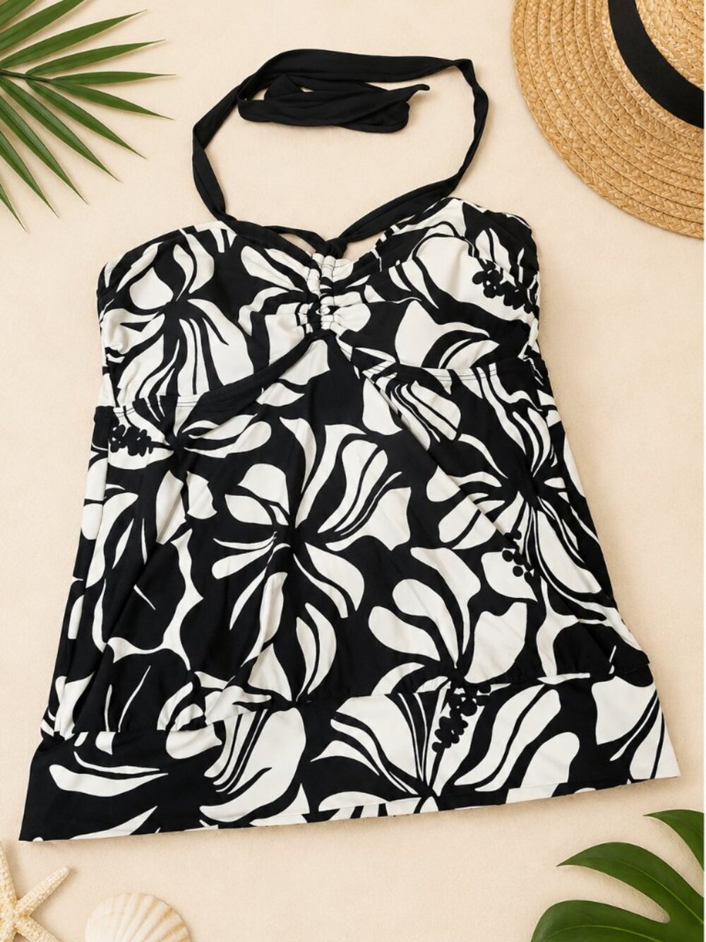 Dana Buchman Black & White Floral Halter Tankini Swim Top – Women's Size 12